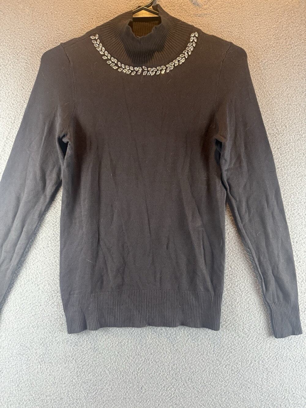 NWT ANN TAYLOR Black Rhinestone Neck Knit Sweater Office Siren Quiet Glam